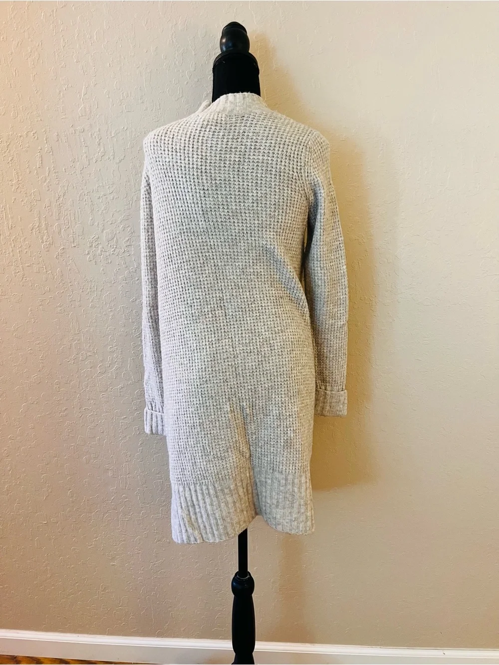 Open-Front Long Cream Knit Cardigan Sweater